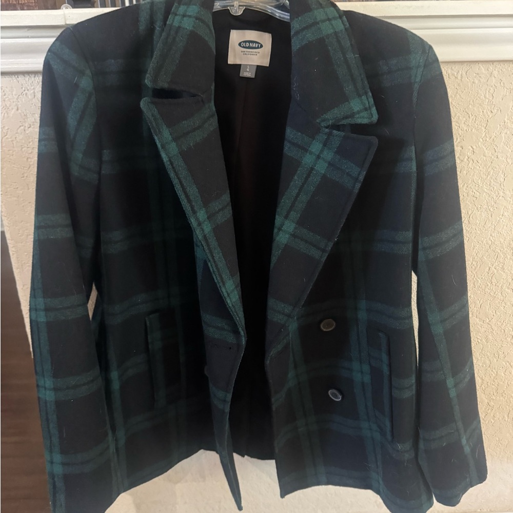 Old Navy Women's Green and Black Plaid Pea Coat